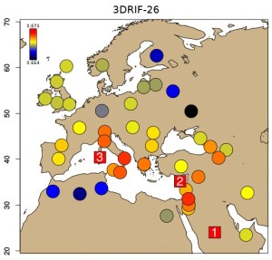 3DRIF-26 IBS to modern populations, 1-3 best matching (SupFig 12 CC-BY Martiniano et al 2016)